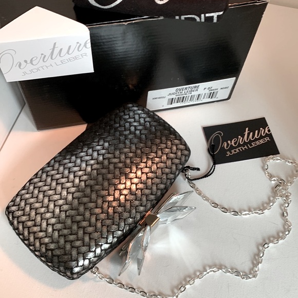 Judith Leiber Overture Hard Shell Woven Silver Black Leather Lucite Bow Clutch - Picture 11 of 16